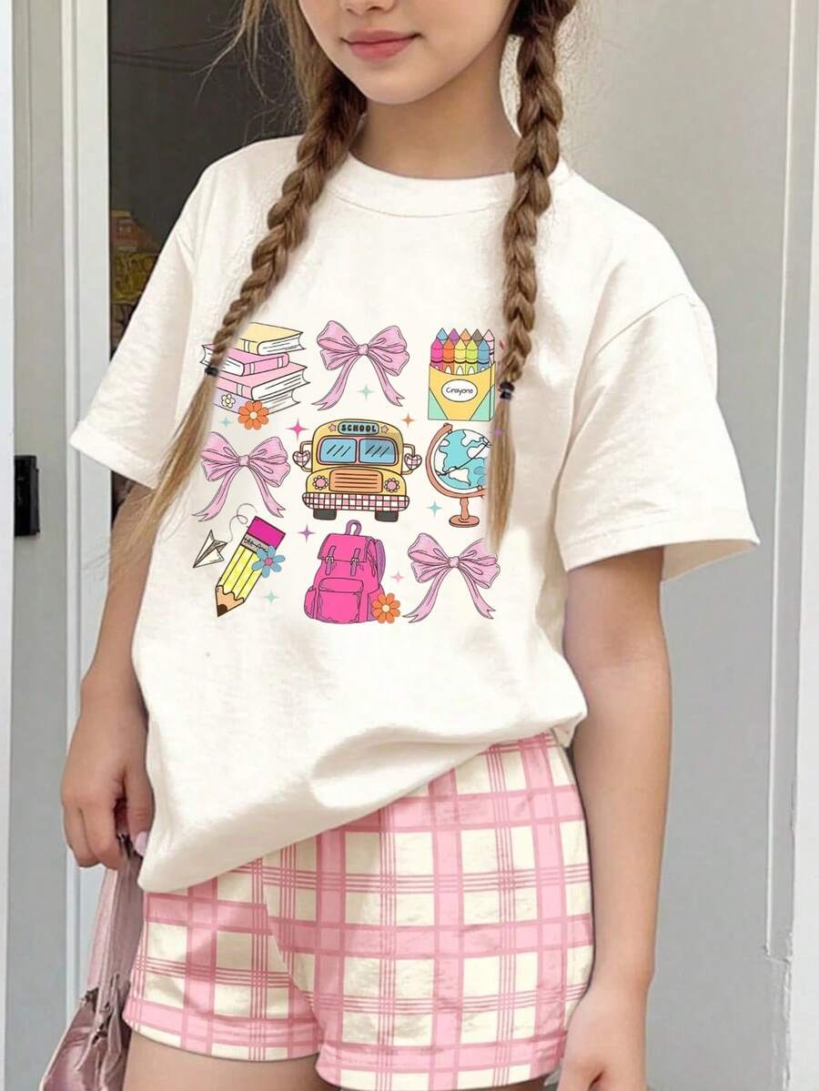 1 Pack Girls Casual Printed Crew Neck Short Sleeve T-Shirt Summer Student Youth Clothing - trắng - Xem 1