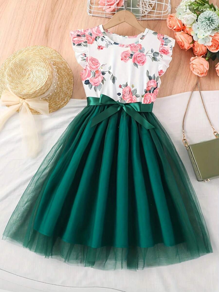 女童无袖碎花蓬蓬裙 - 完美的春秋季礼物 - 綠色 - 查看 1