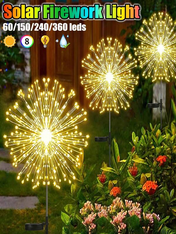 1 pièce/2 pièces Lumières de jardin solaires extérieures, lumières de piquet solaires à feux d'artifice, lucioles, éclairage décoratif extérieur pour la cour, 60LED/150LED/240LED/360LED, 8 modes d'éclairage décoratif pour l'atmosphère de jardin et de pelouse la nuit, décoration pour l'Halloween et l'action de grâce (blanc chaud, multicolore, blanc)
