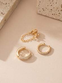 Set de 3 piezas de aretes con estrella y circonita cúbica brillante con cadena, perfectos para uso diario y looks de fiesta para mujeres