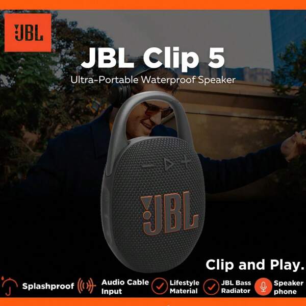 JBL مكبر صوت جي بي أل كليب 5 محمول للغاية بتقنية بلوتوث 5.3، إمكانية اتصال بعدة مكبرات صوت، مقاوم للماء بمعيار IP67، وقت تشغيل لمدة 12 ساعة، مع خطاف