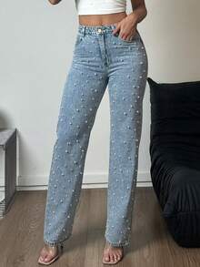 Women's Denim Straight Leg Pants Are Made Of Loose And Comfortable Denim Fabric, With Nail Bead Craftsmanship And Pockets, Suitable For Party Occasions(The Size Is Slightly Small; It Is Recommended To Order One Size Up.) - 淺色水洗藍 - 查看 2