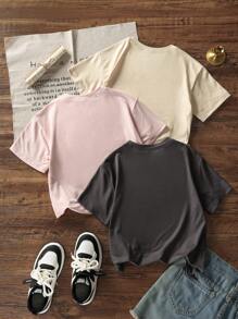 Set de 3 camisetas de cuello redondo de manga corta con estampado casual para niñas, tops de verano para adolescentes y estudiantes