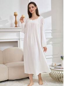 Women's Spring/Autumn Nightgown, Sleepwear Dress With Long Sleeves, Also Suitable For Outdoor Wear, Fall, Winter - White - View 3