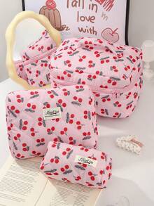 一套可爱樱桃印花化妆包，柔软绗缝拉链化妆收纳包，大容量带提手化妆包，多功能儿童化妆盒，便携式化妆袋，粉色旅行化妆包，女孩返校化妆包，女孩生日/返校礼物 - 彩色 - 查看 3