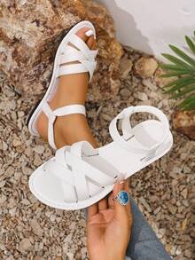 大码女士平底凉鞋，可调节交叉绑带，纯色，百搭，宽松舒适，轻便简约优雅沙滩鞋，2025 女士交叉绑带沙滩凉鞋宽版，春夏穿搭 - 白色 - 查看 5