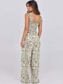 ANRABESS Womens Casual Summer Jumpsuits Smocked Sleeveless Wide Leg Long Romper Jumpers 2025 Beach Vacation Outfits - 粉紅色黃色花卉 - 查看 4