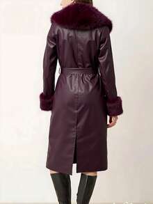 Elegant Women's Long PU Leather Coat With PU Leather Belt, Luxurious Faux Fur Collar And Cuffs, Suitable For Holiday, Birthday Party, Formal Evening, Everyday, Travel, Autumn/Winter