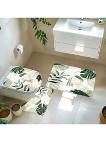 [鼠尾草绿波西米亚风浴帘] 1/3/4 件鼠尾草绿波西米亚风热带叶子浴帘套装 - 抽象中世纪现代防水浴室配件 - 12 个挂钩、防滑垫、U 型垫、盖垫浴室装饰