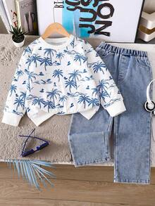 青少年男孩棕榈树印花圆领运动衫和休闲牛仔裤 - 白色 - 查看 1