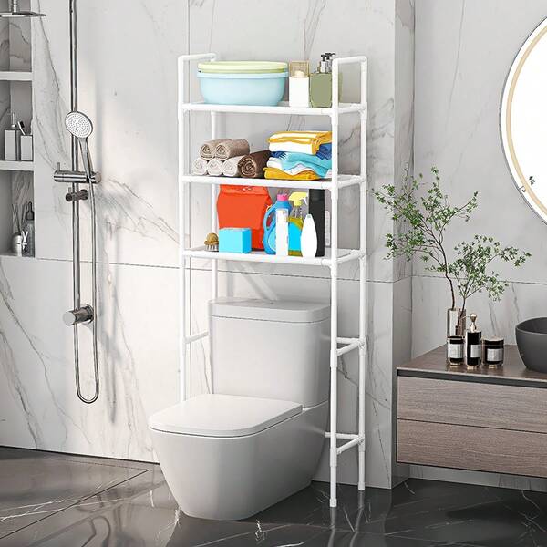 Multi-Layer Black Plastic Bathroom Rack With Towel Bar - Space Saving Freestanding Storage Rack, Sturdy Modern Design, 27 Inches High, Suitable For Small Bathrooms And Homes