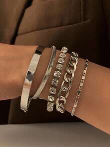 5 件套几何水钻串珠手链，复古简约手工爪链手链，适合派对、聚会和日常佩戴 - 銀色 - 查看 1