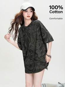 女士简约印花宽松短袖T恤，时尚