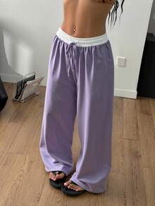 pantalon  Color combinado  Colorblock    Casual    Nudo  Cordón    Diario - Lila Púrpura - Ver 1