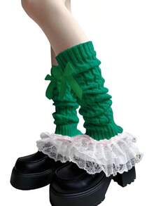 Bow & Lace Leg Warmers - Y2K Sweet Lolita Style, Knee High Socks - 891 Green - View 1