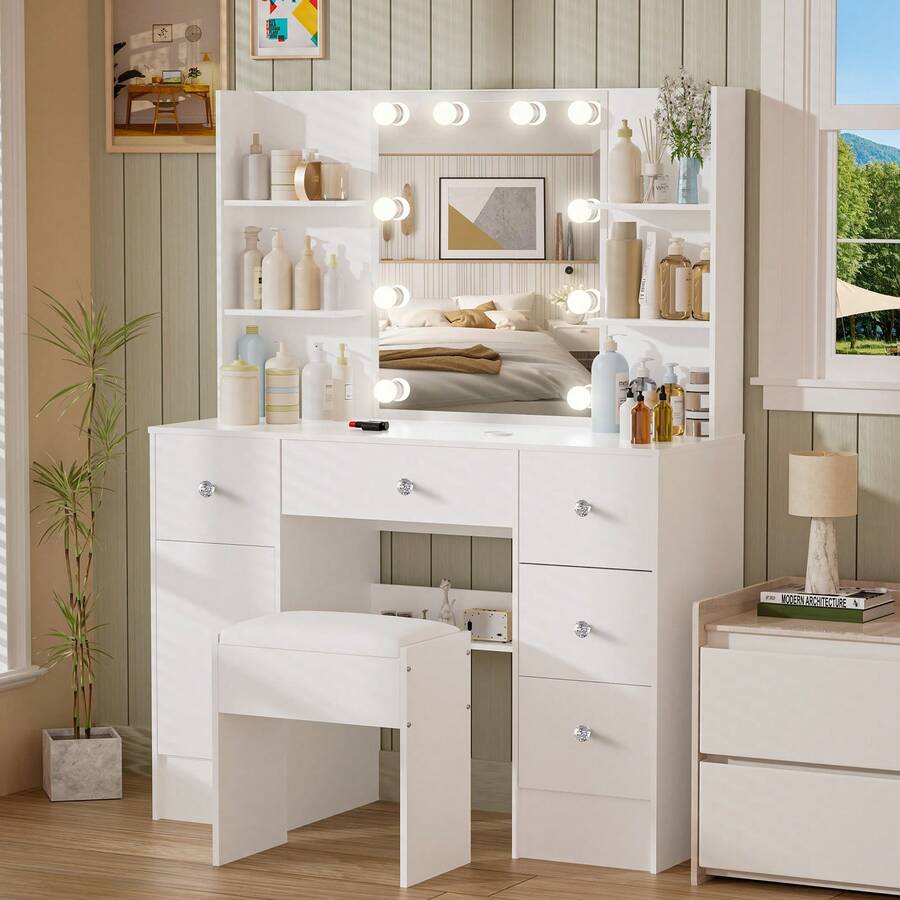 Bedroom Dressing Table Vanity Desk W/ LED Lights Mirror & Stool Makeup Desk Set - White - View 1