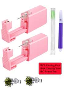 Kit de pistola de perfuração de orelha rosa, 1 peça/4 peças, brincos de cristal de coroa, descartáveis, assépticos, domésticos, portáteis, conjunto de ferramentas de perfuração de orelha com ferramenta de limpeza de furo de orelha e caneta de observação