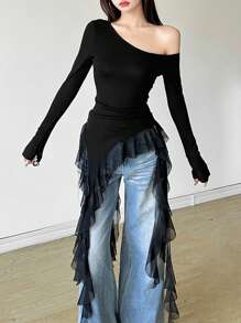 Solid Color Slim Fit Oblique Collar Long Sleeve Top