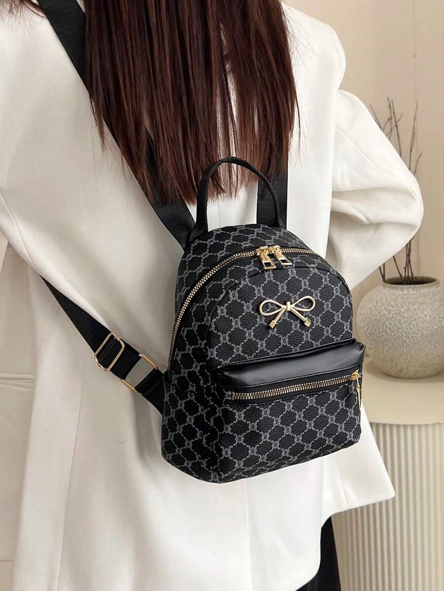 时尚蝴蝶结经典花卉印花女士背包手提包托特包拉链封口多功能休闲单肩包