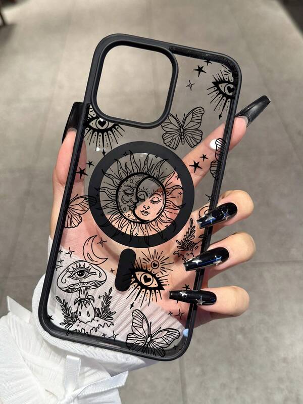 1pc Creative Acrylic Personalized Pattern Magnetic Wireless Charging Anti-Drop Phone Case Compatible With IPhone 16 15 14 13 12 11 Pro Max, Transparent Apple Phone Protective Cover Waterproof Shockproof Scratch Resistant