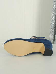 秋冬婚礼休闲时尚高跟玛丽珍鞋 T 型带扣粗跟高跟鞋，天鹅绒正式工作办公室户外鞋，海军蓝 - 藏蓝色 - 查看 8