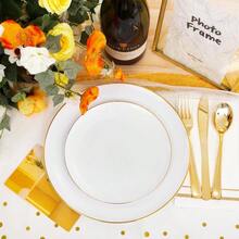 Festiva Juego De 176 Platos De Plastico Blanco Y Dorado Color Blanco Con Borde Dorado 25 Invitados Incluye Platos Tazas Cubiertos Servilletas Para Fiesta De Año Nuevo Boda Y Pascua - Redondodorado - View 4