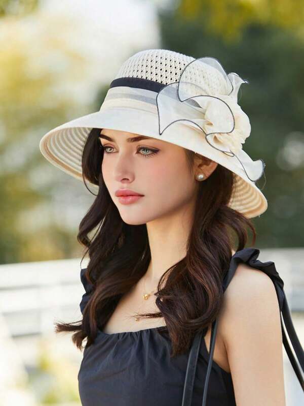 1 pezzo Cappello da sole estivo da donna in organza con fiori, di grandi dimensioni, adatto per uso quotidiano all'aperto, con protezione UV, cappello da spiaggia regalo