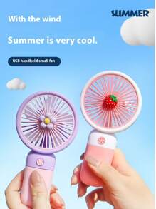1 pezzo Ventilatore portatile mini alla moda con motivo a fragola, fiore e frutta, multifunzionale come supporto per telefono, ricaricabile USB, regalo a tema cartoni animati, accessorio essenziale per rinfrescarsi all'aperto