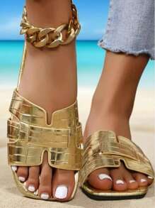 [AFBC-Gem] Women's Flat Sandals,Women's Gold Textured Sandals - Metallic H-Strap Slides, Luxe Summer Sandals With Non-Slip Sole, Fashionable Dressy Outdoor Slippers, Flat Beach Sandals For Vacation
