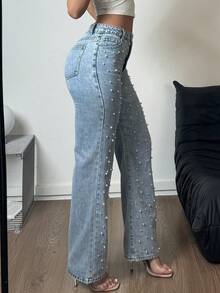 Women's Denim Straight Leg Pants Are Made Of Loose And Comfortable Denim Fabric, With Nail Bead Craftsmanship And Pockets, Suitable For Party Occasions(The Size Is Slightly Small; It Is Recommended To Order One Size Up.) - 淺色水洗藍 - 查看 4