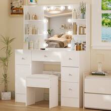 Bedroom Dressing Table Vanity Desk W/ LED Lights Mirror & Stool Makeup Desk Set - White - View 7