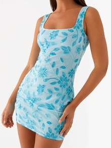 Women Slip Dress, Sleeveless Square Neck Sequined Flower Slim Fit Summer Mini Dress For Club Party - Blue - View 1