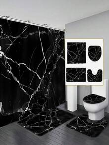 1/4 Set Waterproof Black Marble Pattern Polyester Shower Curtain With C-Shaped Hooks, Woven Texture, Fashionable Theme, Machine Washable, Includes Hanging Accessories Bathroom Decor