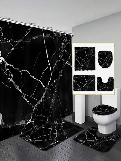 1/4 Set Waterproof Black Marble Pattern Polyester Shower Curtain With C-Shaped Hooks, Woven Texture, Fashionable Theme, Machine Washable, Includes Hanging Accessories Bathroom Decor