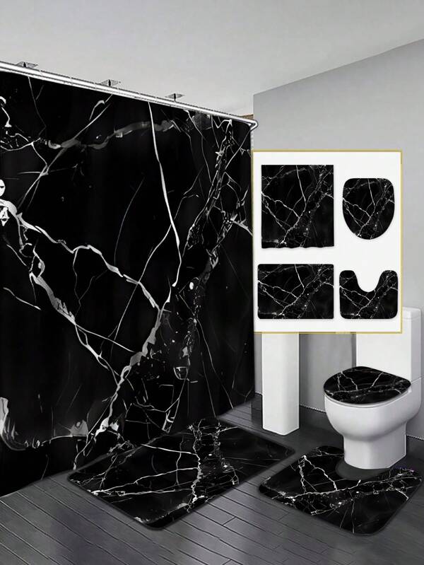 1/4 Set Waterproof Black Marble Pattern Polyester Shower Curtain With C-Shaped Hooks, Woven Texture, Fashionable Theme, Machine Washable, Includes Hanging Accessories
