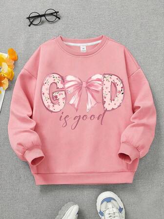 1pc Girls Long Sleeve Crew Neck Pullover Sweatshirt, With "God Is Good" Graphic, Comfortable, Fashionable, Casual Autumn/Winter Top For Young Girls/Teens