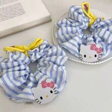 Sanrio 2PCS Sanlio KT Cat Bow Large Intestine Loop Hair Rope Refreshing Blue Stripe Large Hair Loop Head Rope Meatball Head Rubber Band