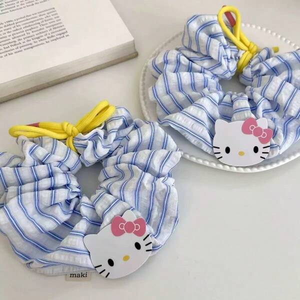Sanrio 2PCS Sanlio KT Cat Bow Large Intestine Loop Hair Rope Refreshing Blue Stripe Large Hair Loop Head Rope Meatball Head Rubber Band