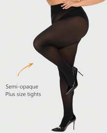 Plus Size Tights For Women, Ultra Soft Solid Color Semi-Opaque Pantyhose, Nylon High Waist Stockings 1X 2X 3X 4X - 黑色 - 查看 2