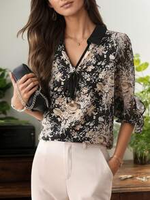 女式花卉印花领口腰带 V 领优雅衬衫，别致荷叶边 7/4 袖春夏衬衫，适合日常穿着、休闲、聚会、办公室、度假、假日旅行 - 彩色 - 查看 5