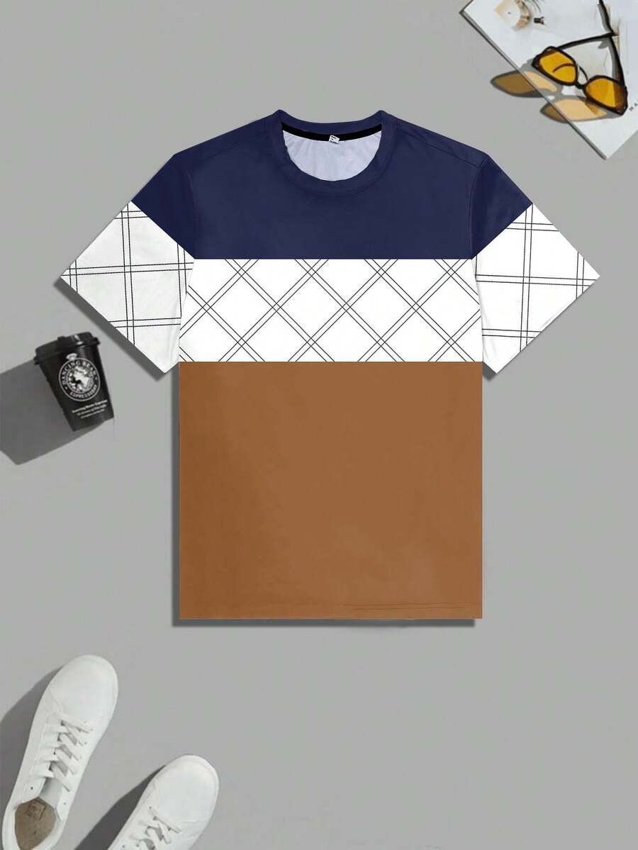 Camiseta de manga corta con cuello redondo casual de color block talla grande para hombres, nueva para el verano