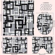 4 Stücke modernes schwarz-graues gestreiftes Badezimmer Set, inklusive Duschvorhang, Badematte, U-förmige Toilettenabdeckung, Toilettendeckelabdeckung, wasserdichter Duschvorhang, modischer Tür-/Fenstervorhang, ohne Bohren erforderlich, Polyester, maschinenwaschbar, Badezimmer Deko für den Schulanfang