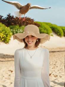 1 Peça Chapéu de Palha Cáqui para Praia Feminino, Dobrável, Detalhes em Contas, Boho-Chique & Elegante, Aba Larga, Proteção Solar de Verão