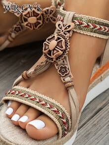 WRCVS 女士米色系带凉鞋，夏季坡跟厚底草绳鞋底别致度假凉鞋，手工串珠编织图案随机波西米亚风格厚底坡跟户外凉鞋