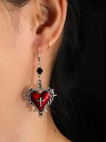 哥特式深色复古十字架、心形、玫瑰花、蝴蝶结、荆棘吊坠串珠耳环，适合女士，Y2K 风格 - 紅色 - 查看 2