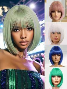 Breathable Realistic 12 Inch Bob Wig With Bangs - Short Straight Hair Wig, Suitable For Halloween Party, Women Heat-Resistant Synthetic Wig, Party, Holiday, Cosplay - Multicolor - View 1