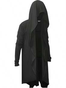Men's Long Hooded Cardigan Ruffle Shawl Collar Drape Cape Overcoat Asymmetric Hem Open Front Hooded Cardigan - Black - View 2