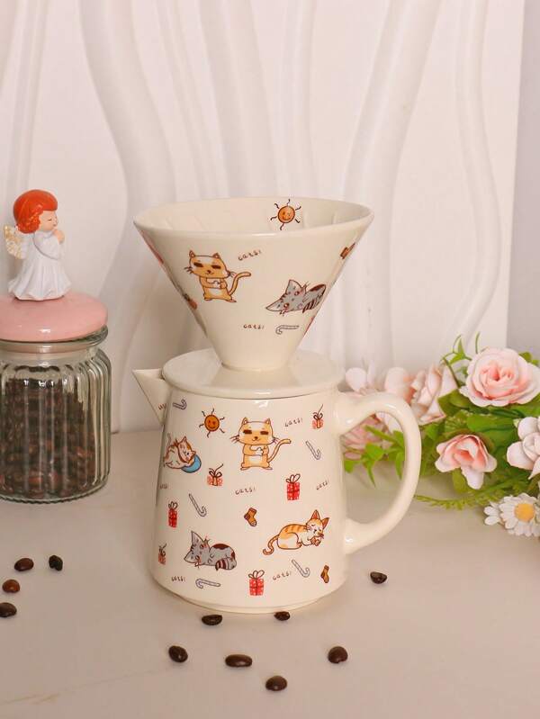 1 Set Cartoon Cat Themed Handmade Tea Pot Set, Cat Design Ceramic Tea/Coffee Pot Set, Japanese Style Cat Ceramic Coffee Set, Christmas Gift For Cat Lovers, Birthday Gift For Cat Owners