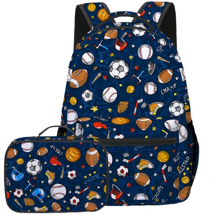 2PCS Back To School Backpack For Boys Girls, Feature Creative Printing Backpack For Teens Elementary Middle High School Students, Large Capacity 16 Inch School Bags With Lunch Box - Football - View 1