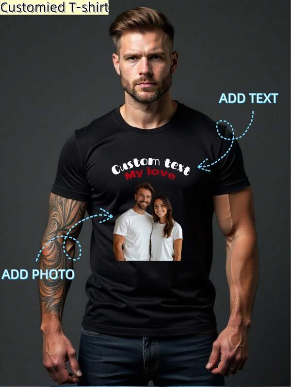 T-shirts confortables personnalisés pour hommes, entrez votre texte/bénédictions/texte drôle, téléchargez vos photos/amis/photos de vos proches, cadeaux pour les fêtes, cadeaux d'anniversaire, t-shirts à manches courtes col rond pour le printemps et l'été, t-shirts à manches courtes d'été pour hommes, convient pour les fêtes, les équipes, les couples, les vêtements de travail et les tenues familiales